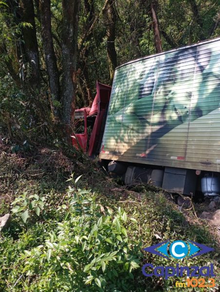 Caminhão sai da pista e atinge árvores na BR-153 entre Concórdia e Irani