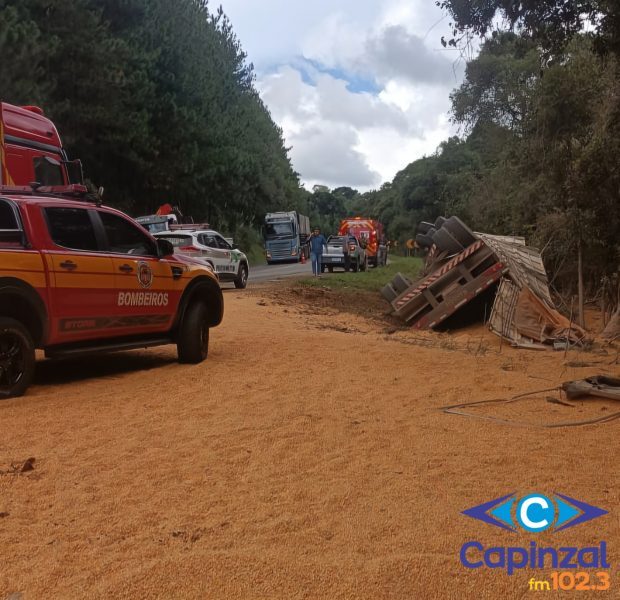 Caminhão bitrem carregado de milho tomba na BR-282 em Catanduvas