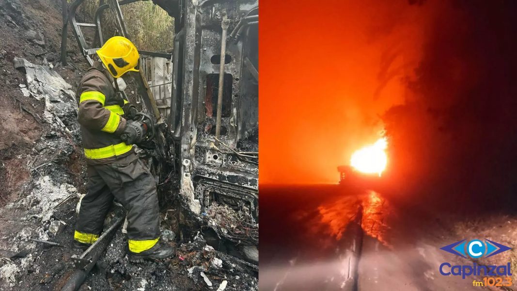 Motorista morre carbonizado após caminhão com suínos tombar e pegar fogo na BR-282, em Maravilha