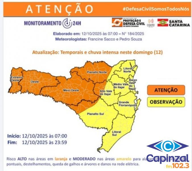 Aviso meteorológico da Defesa Civil alerta para temporais e chuva intensa neste domingo em SC