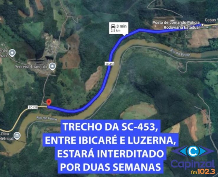 Trecho da SC-453 entre Ibicaré e Luzerna será interditado por duas semanas