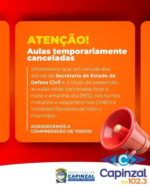 Educação de Capinzal suspende atividades e aulas até terça-feira por alerta da Defesa Civil