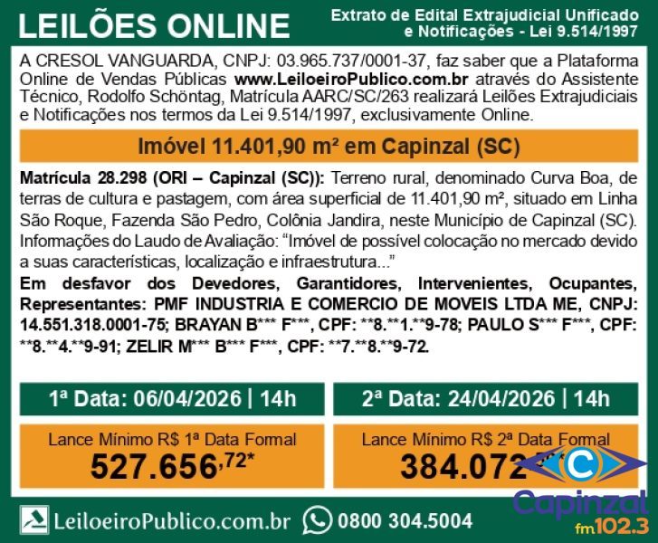 Leilão Extrajudicial de Imóvel Rural em Capinzal - Publicação 02