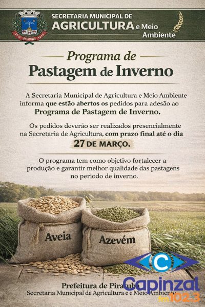 Pedidos para Adesão ao Programa pastagem de inverno encerram no dia 27 de março em Piratuba