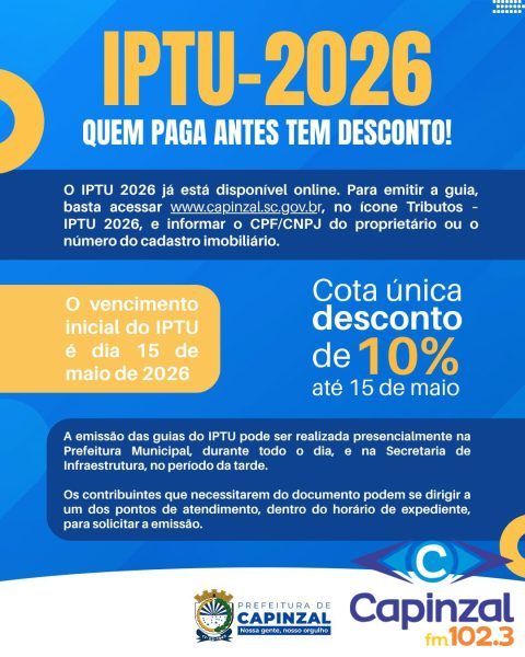 IPTU 2026 já pode ser retirado em Capinzal com desconto e parcelamento facilitado
