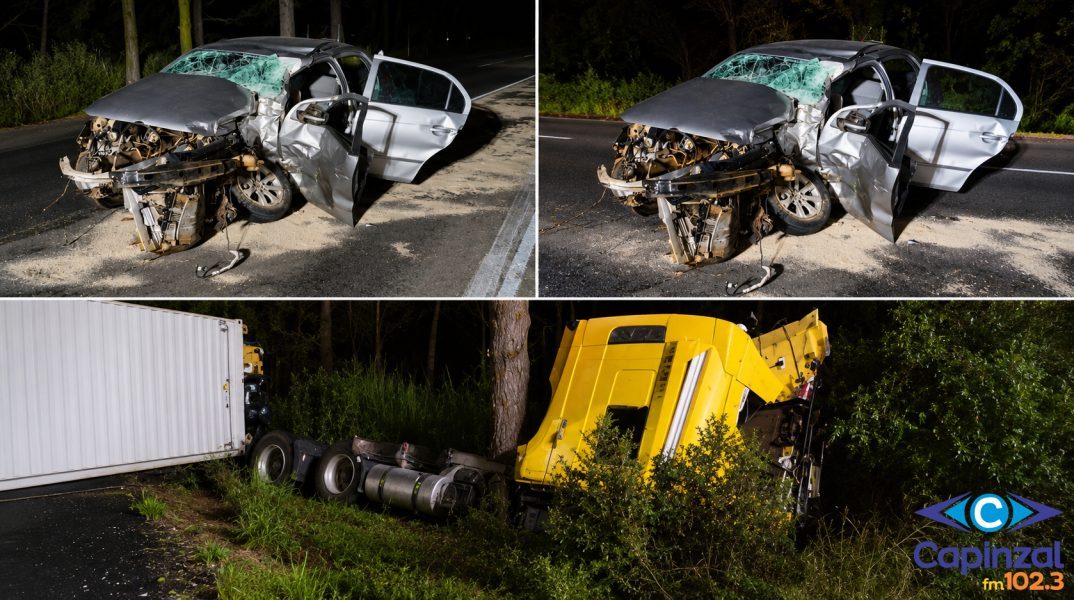 Colisão frontal entre carro e caminhão deixa motorista gravemente ferido na BR-470, em Campos Novos
