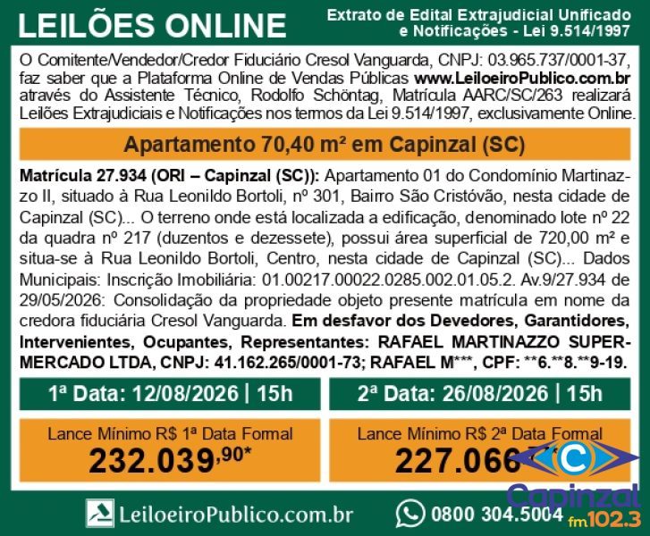 Apartamento em Capinzal vai a leilão extrajudicial com lance inicial de R$ 232 mil