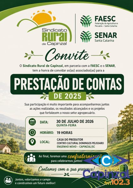 Sindicato Rural de Capinzal realiza prestação de contas nesta quinta-feira