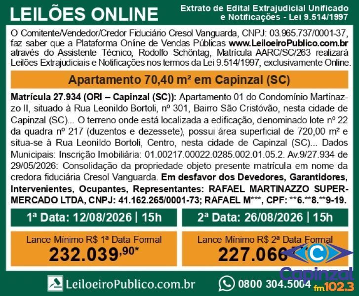 Apartamento vai a leilão extrajudicial com lance inicial de R$ 232 mil em Capinzal