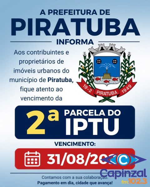 2ª parcela do IPTU vence no dia 31 de agosto em Piratuba