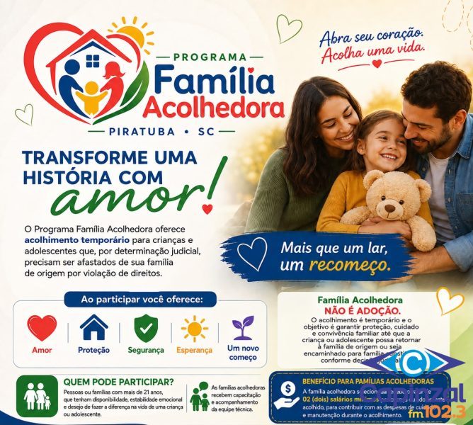 Município de Piratuba busca famílias para o programa Família Acolhedora
