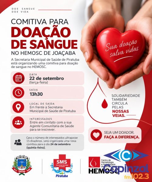 Secretaria de Saúde de Piratuba organiza comitiva para doação de sangue no HEMOSC