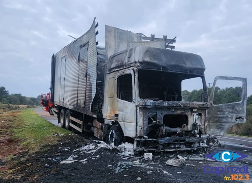 Incêndio atinge caminhão que transportava medicamentos na BR-282, próximo a Vargem